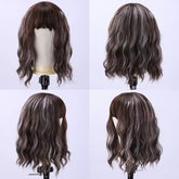 Brown Mixed Color Water Wave Shoulder Length Bob Wig with Bangs